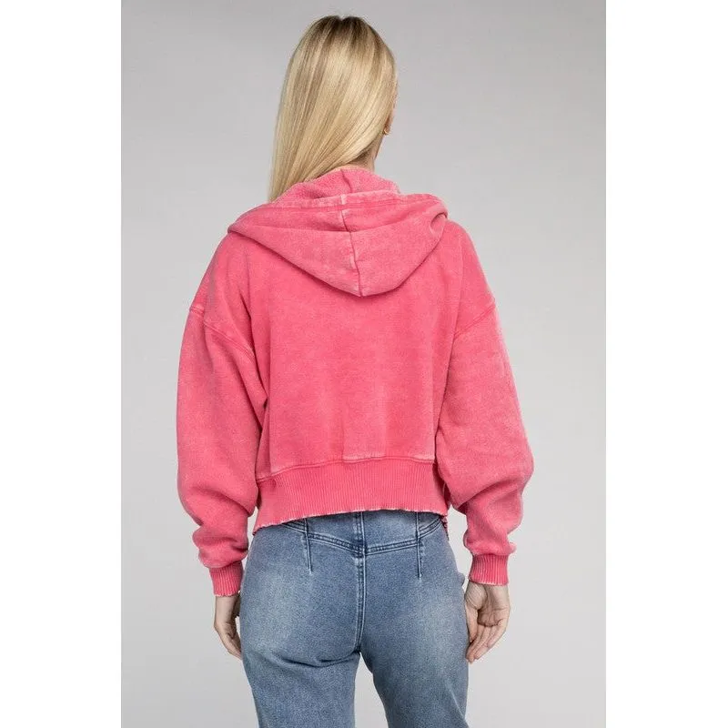 Acid Wash Fleece Cropped Zip-Up Hoodie