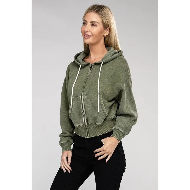 Acid Wash Fleece Cropped Zip-Up Hoodie