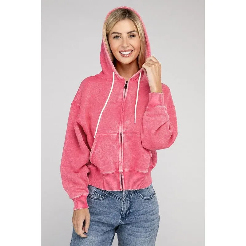 Acid Wash Fleece Cropped Zip-Up Hoodie