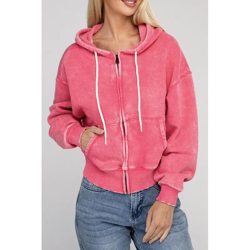 Acid Wash Fleece Cropped Zip-Up Hoodie