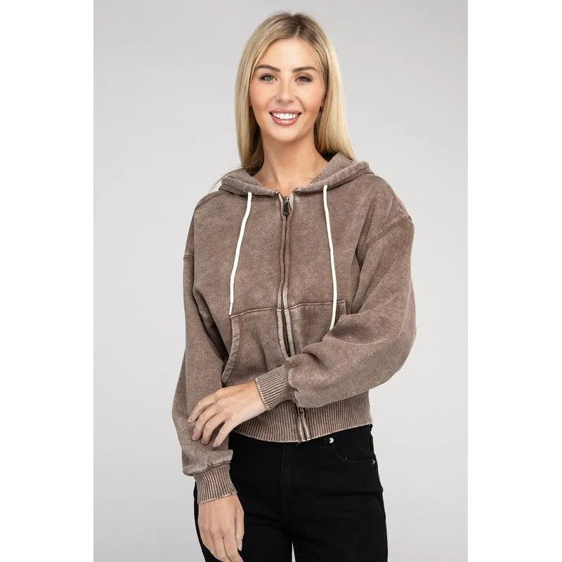 Acid Wash Fleece Cropped Zip-Up Hoodie