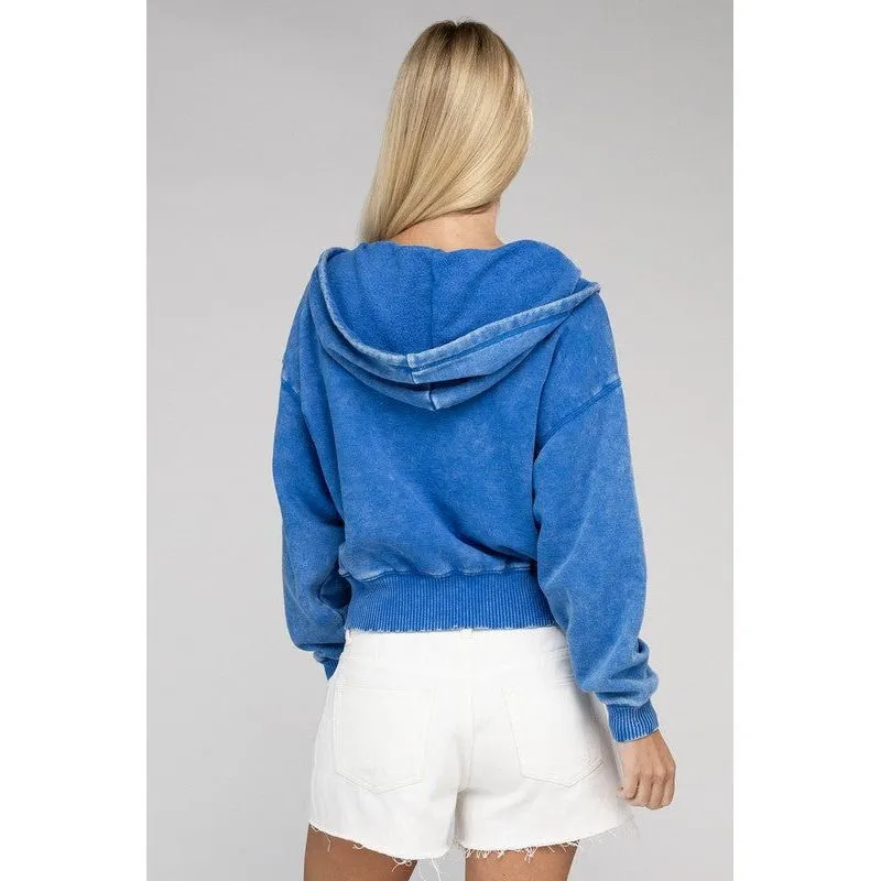 Acid Wash Fleece Cropped Zip-Up Hoodie