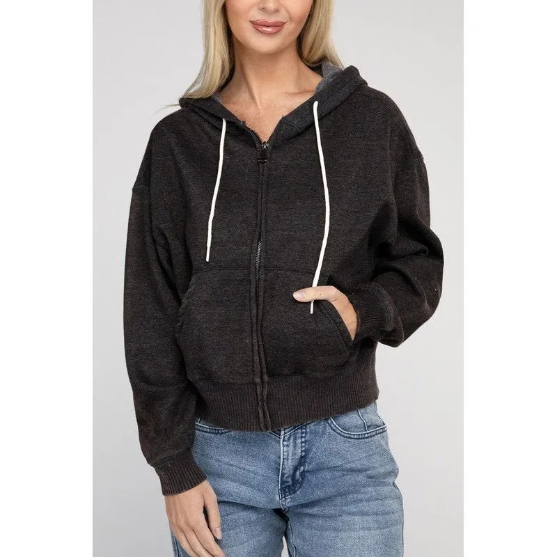 Acid Wash Fleece Cropped Zip-Up Hoodie