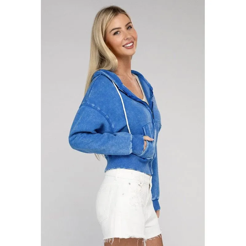 Acid Wash Fleece Cropped Zip-Up Hoodie