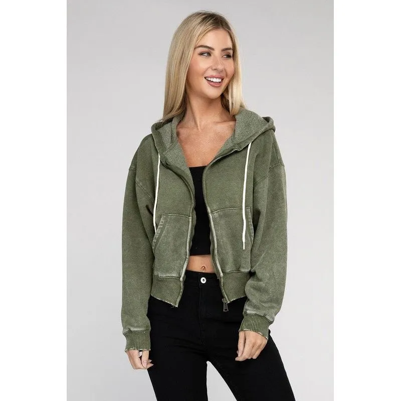 Acid Wash Fleece Cropped Zip-Up Hoodie