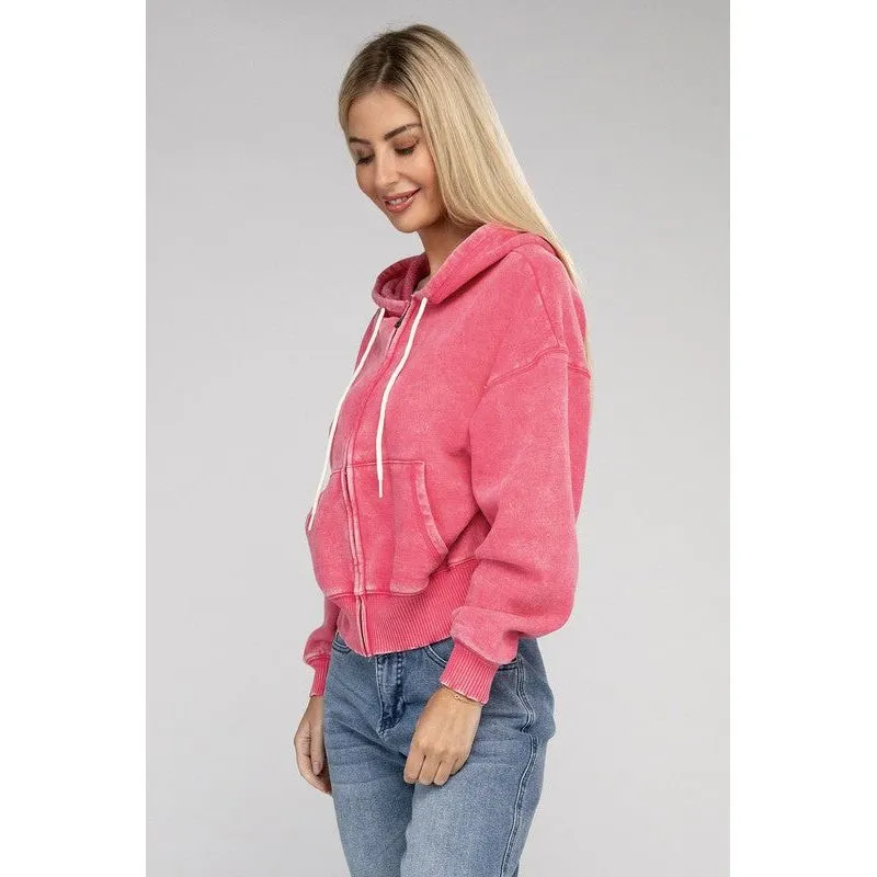 Acid Wash Fleece Cropped Zip-Up Hoodie