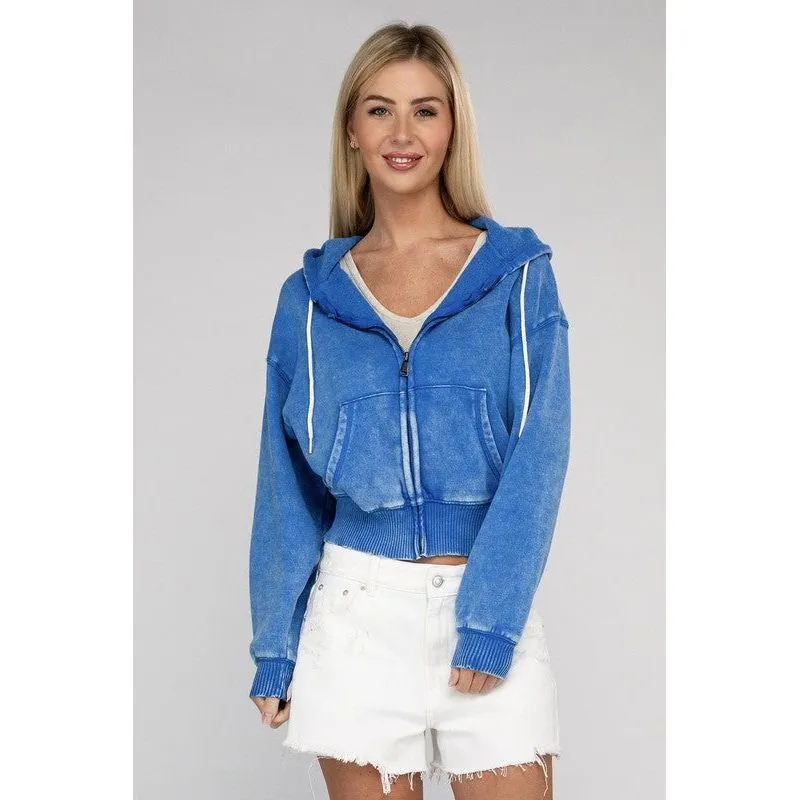 Acid Wash Fleece Cropped Zip-Up Hoodie