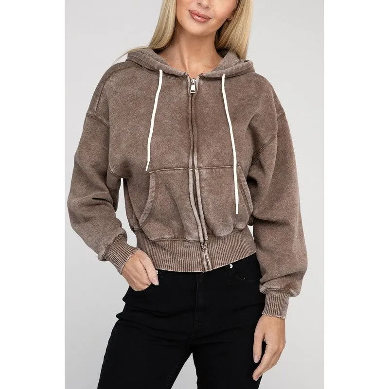 Acid Wash Fleece Cropped Zip-Up Hoodie