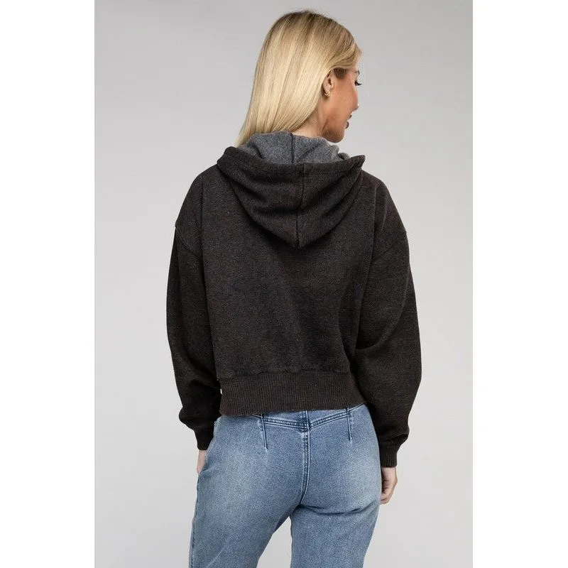 Acid Wash Fleece Cropped Zip-Up Hoodie