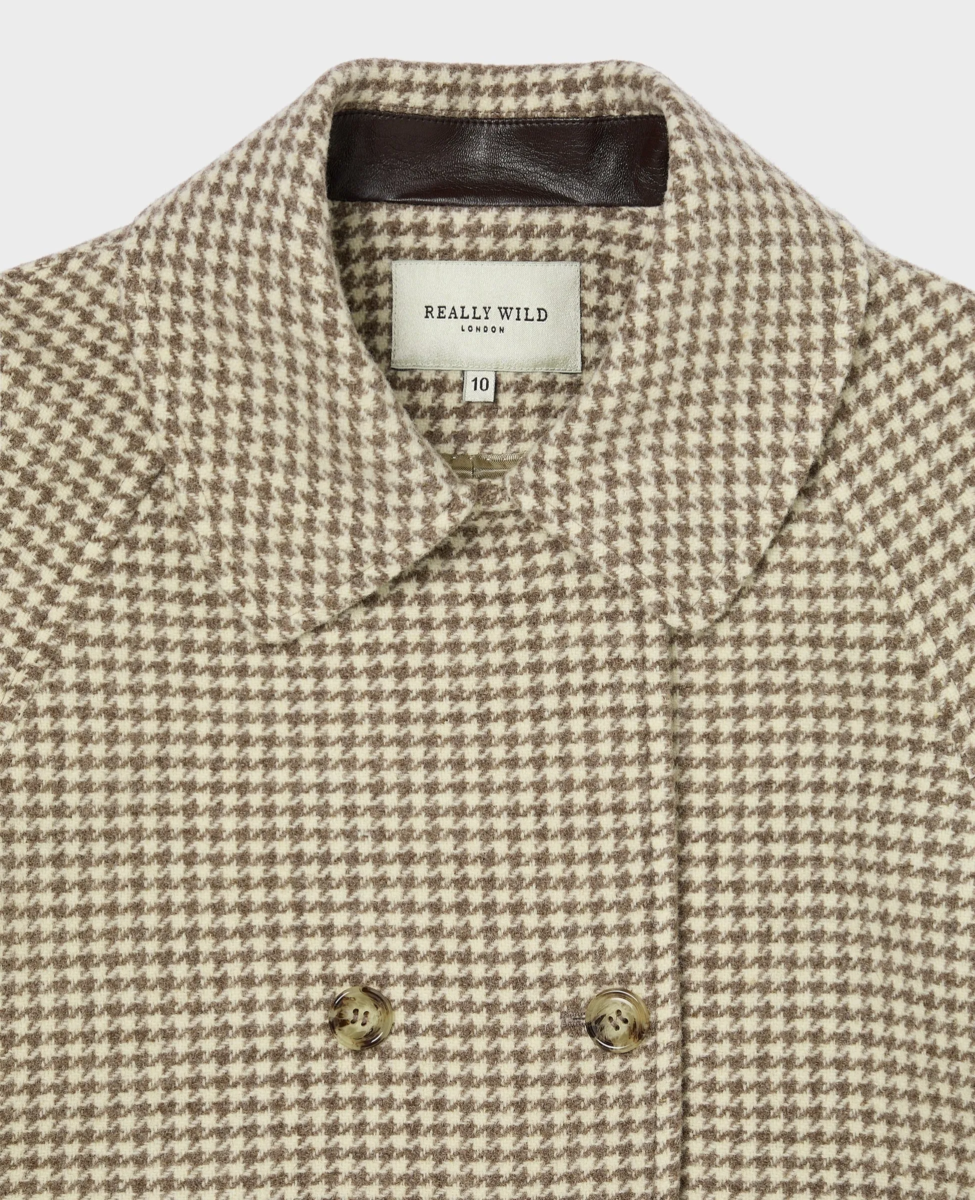 Belted Houndstooth Check Wool Coat