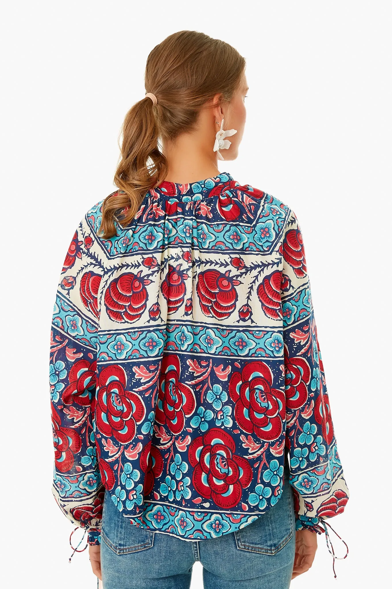 Blue Multi Floral Tie Sleeve Blouse