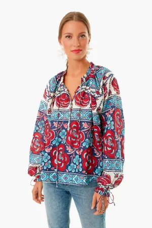 Blue Multi Floral Tie Sleeve Blouse