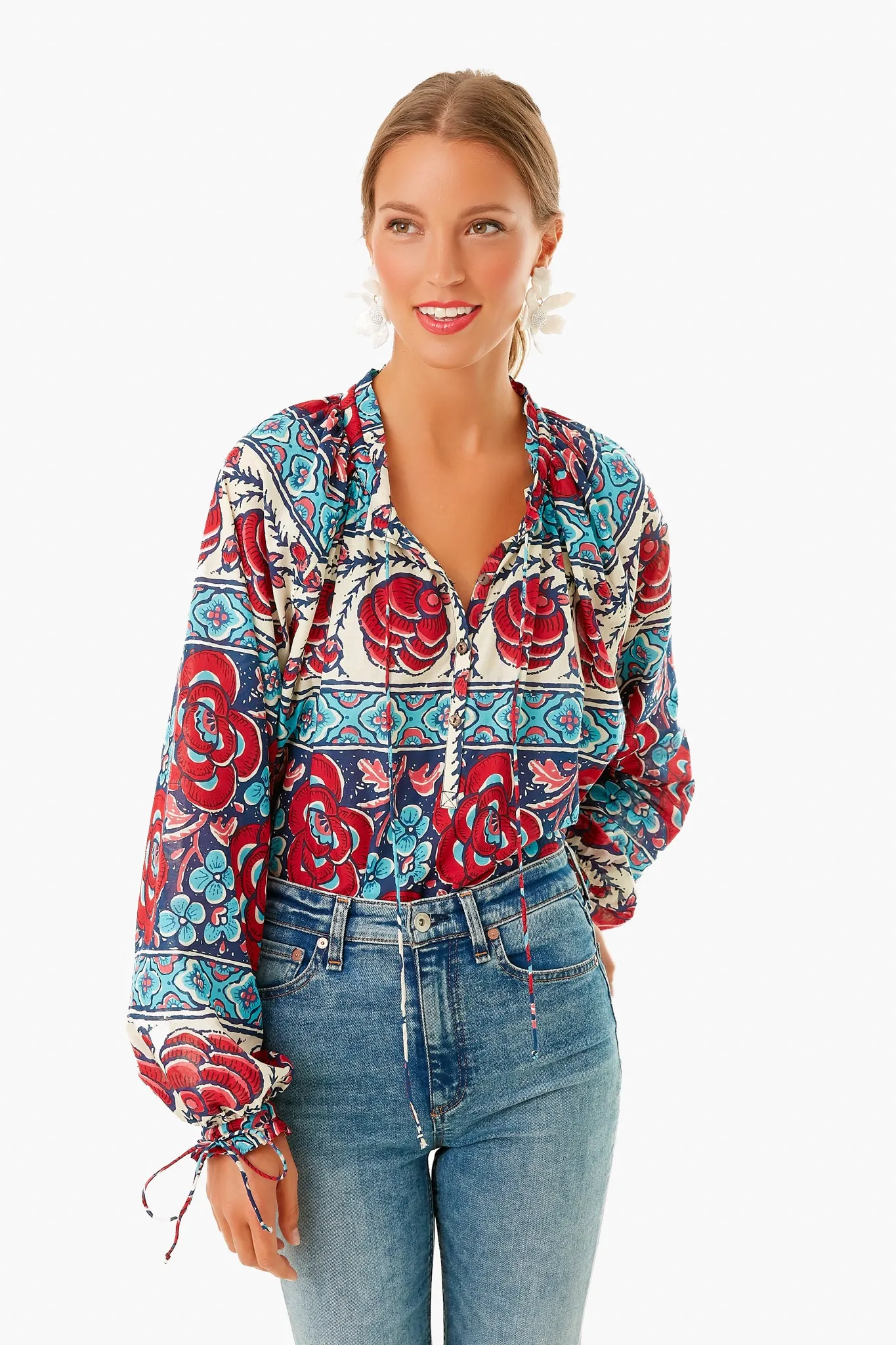 Blue Multi Floral Tie Sleeve Blouse