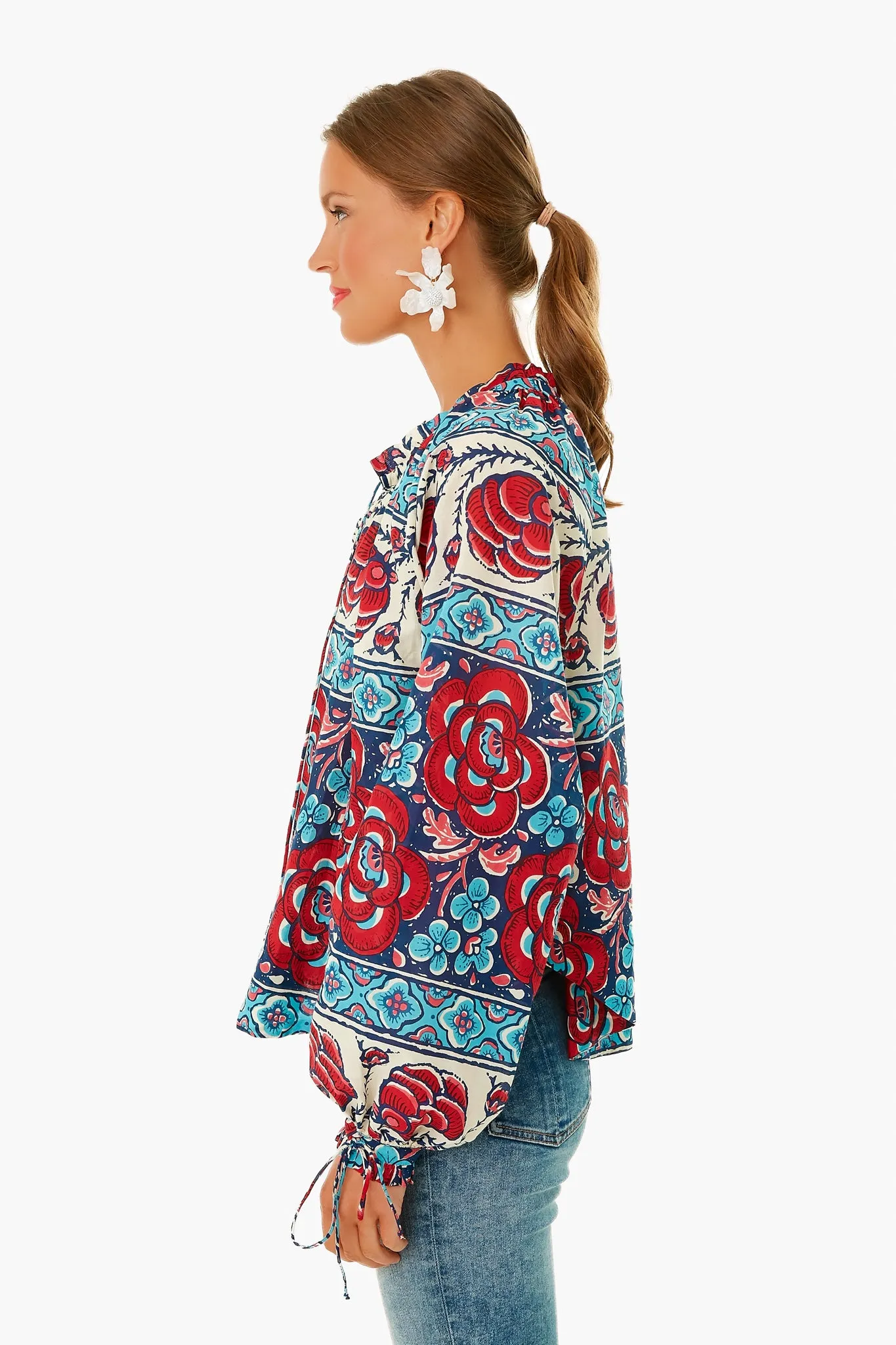 Blue Multi Floral Tie Sleeve Blouse