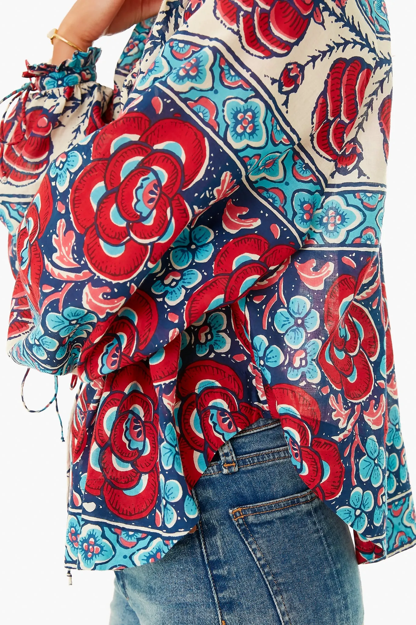 Blue Multi Floral Tie Sleeve Blouse