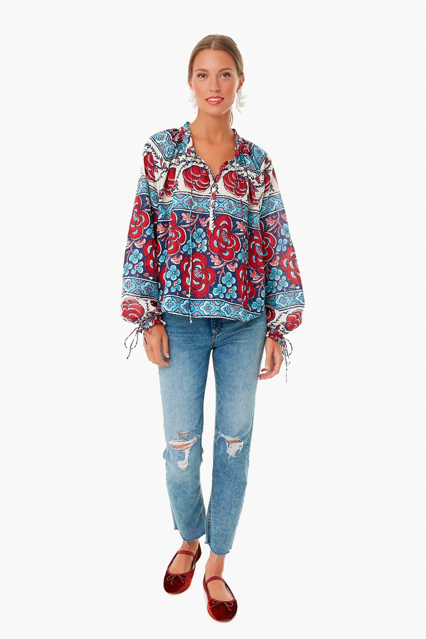 Blue Multi Floral Tie Sleeve Blouse