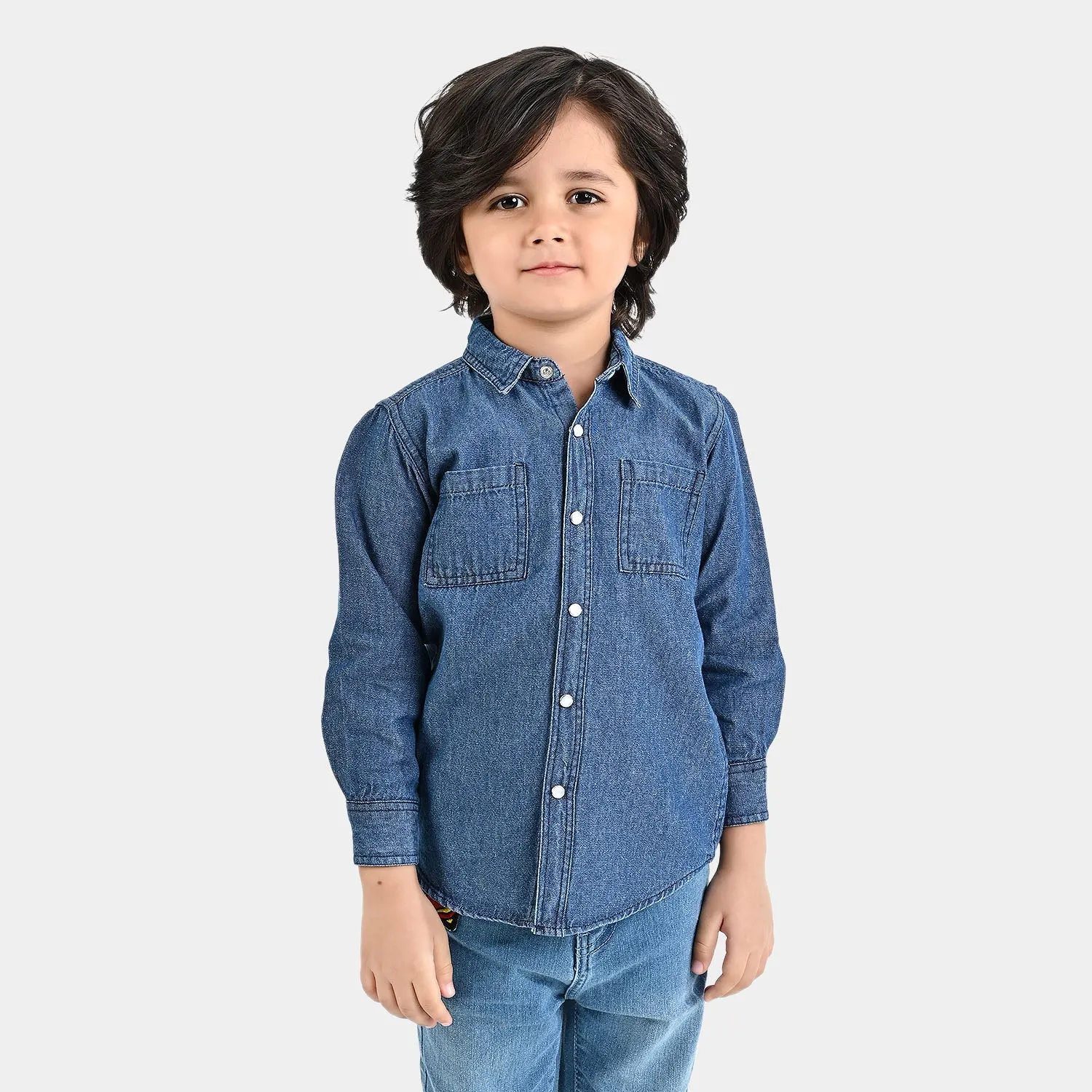 Boys Denim rigid Shirt Catch My Vibe-Blue