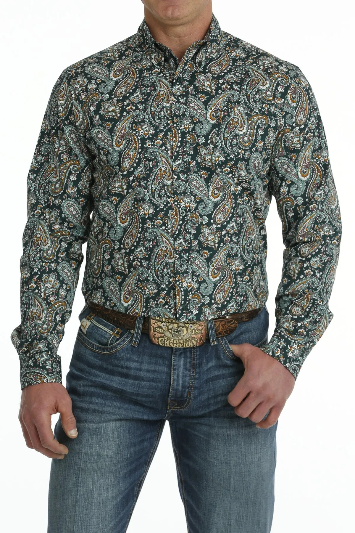 Cinch Mens Modern Fit Paisley Print Button-Down Western Shirt - Green