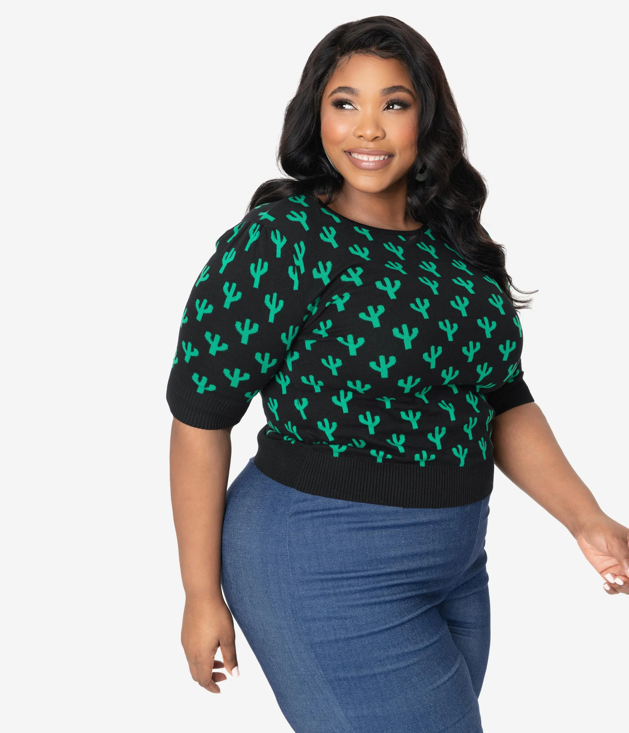 Collectif Plus Size Black & Green Cactus Chrissie Knit Sweater