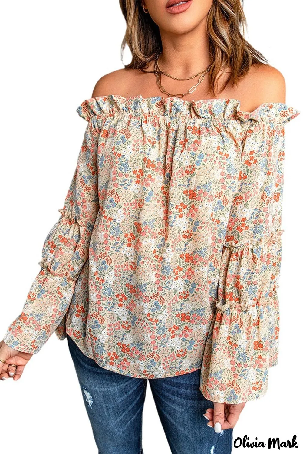 Deanwangkt - Off The Shoulder Floral Print Ruffled Bell Sleeve Blouse