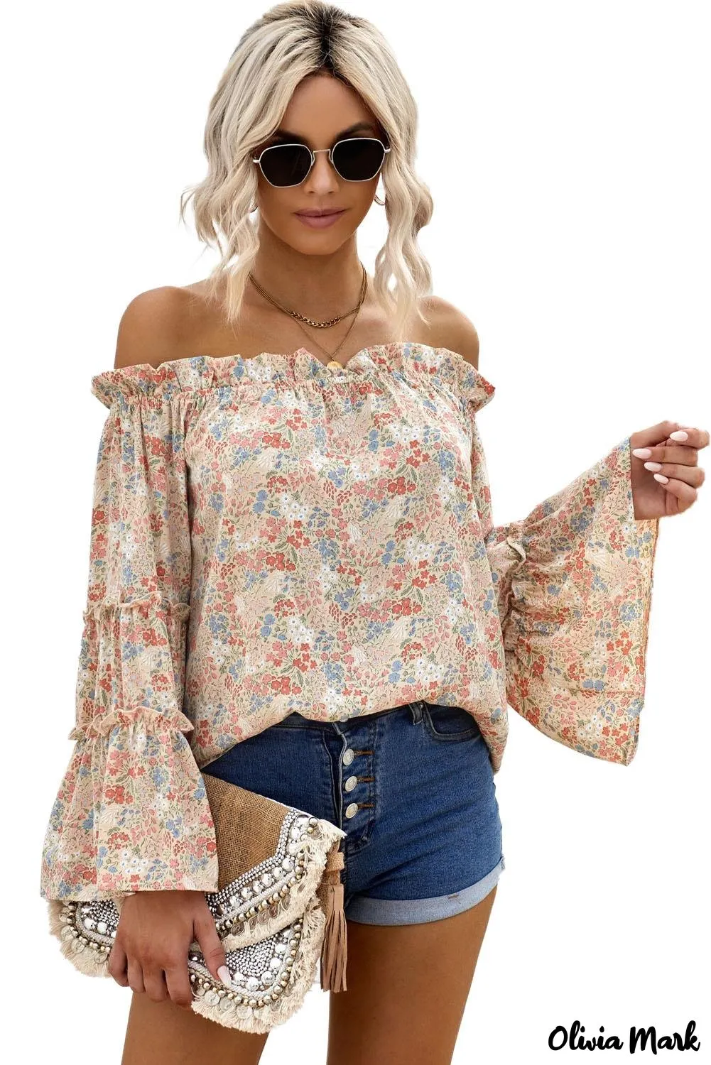 Deanwangkt - Off The Shoulder Floral Print Ruffled Bell Sleeve Blouse