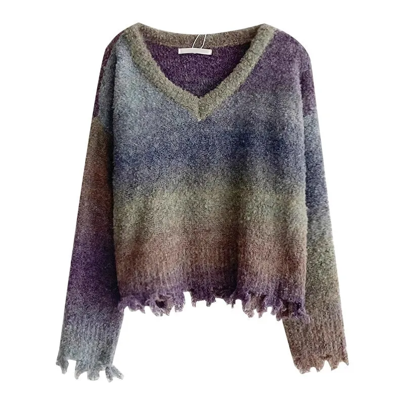 Designed gradient sweater V-neck long-sleeved knitted top     S4775