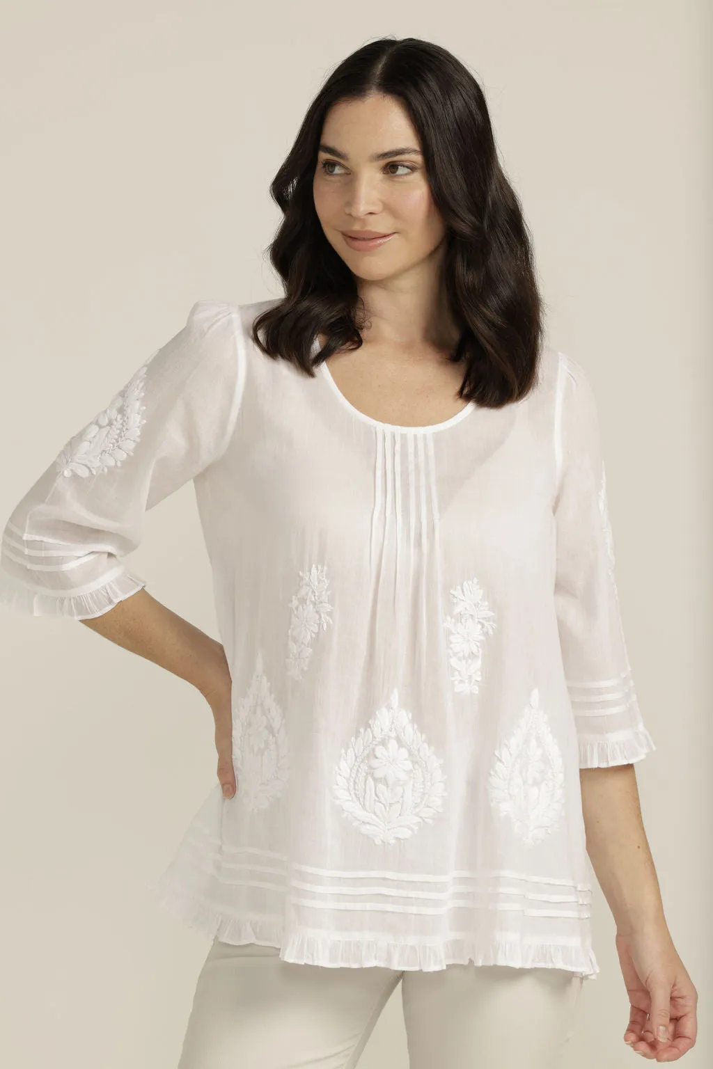 Embroidered Cotton Trapeze Top White