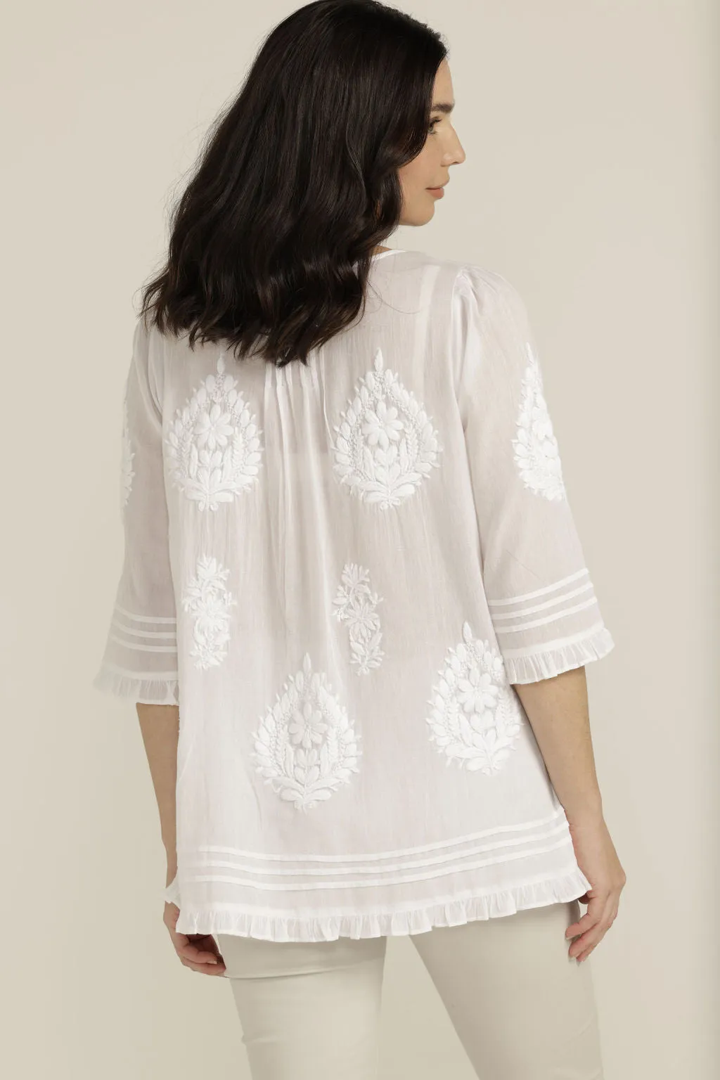 Embroidered Cotton Trapeze Top White