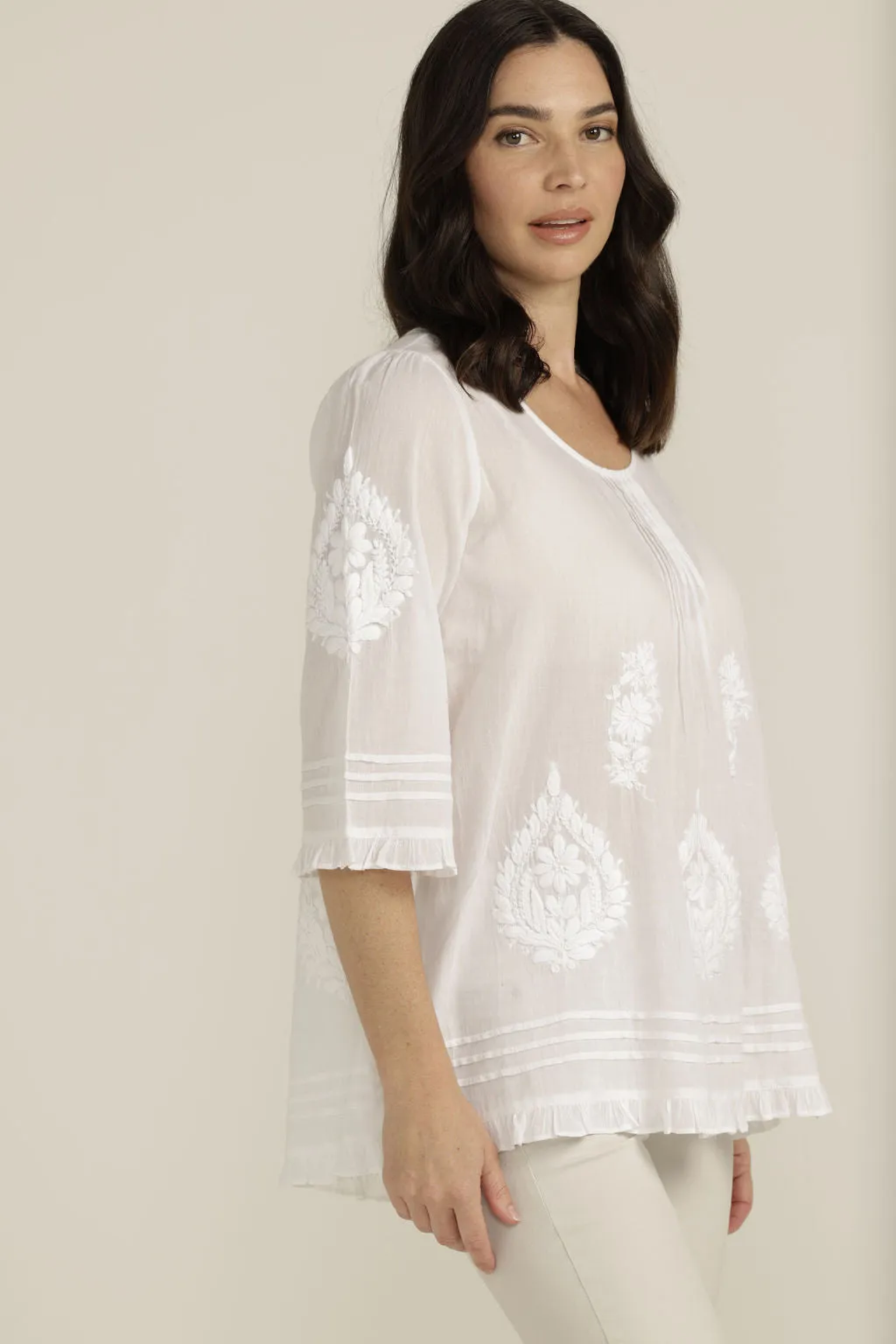 Embroidered Cotton Trapeze Top White