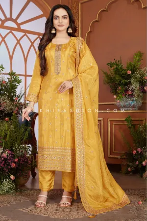 Exquisite Yellow Soft Silk Suit with Embellished Work