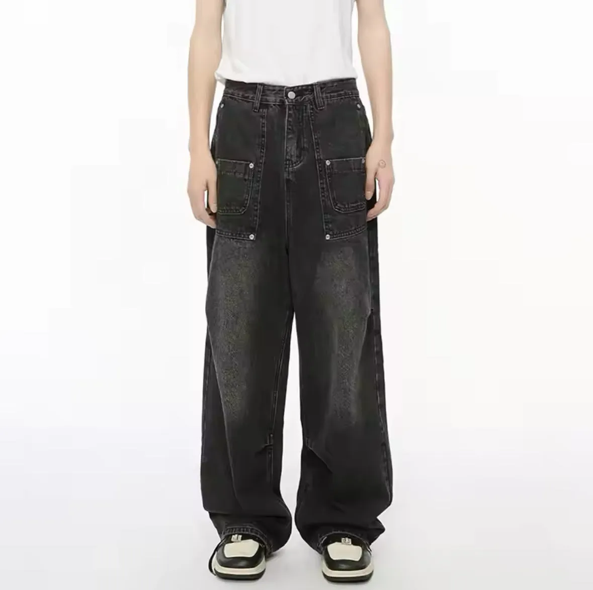 Faded Black Patchwork Pockets Wide Leg Jeans