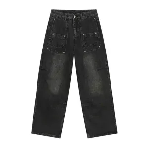 Faded Black Patchwork Pockets Wide Leg Jeans