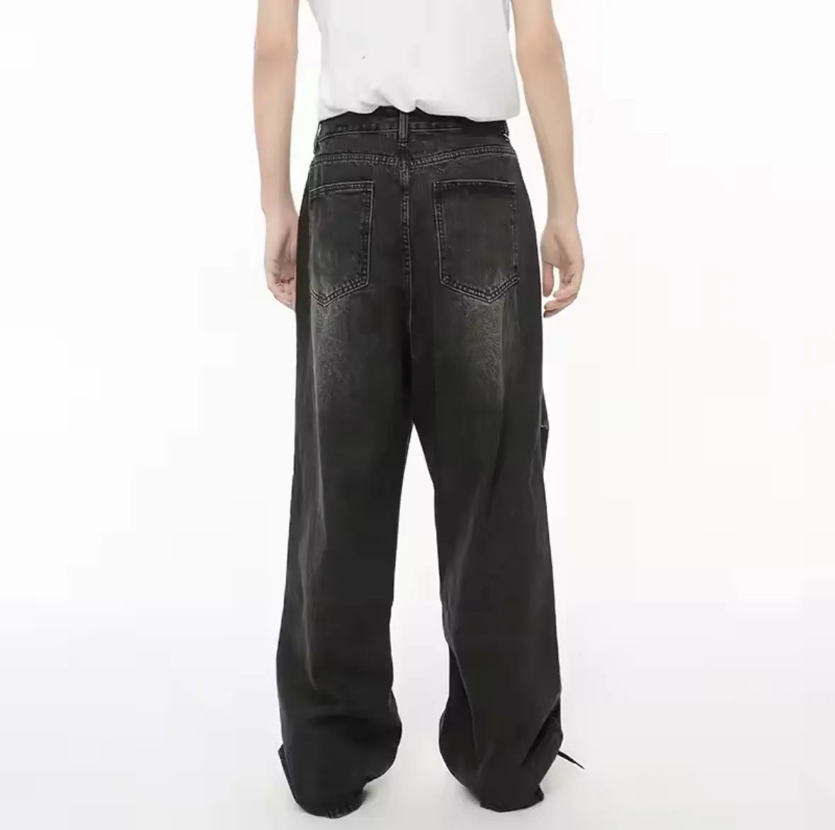 Faded Black Patchwork Pockets Wide Leg Jeans