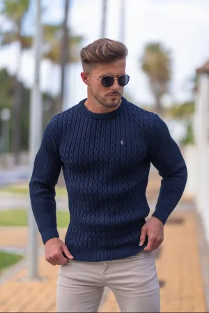 Father Sons Navy Knitted Braided Super Slim Sweater With Metal Decal - FSJ030