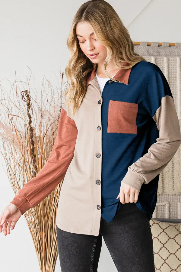 Full Size Color Block Button Down Shirt