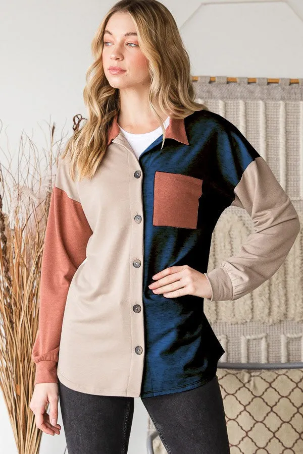 Full Size Color Block Button Down Shirt