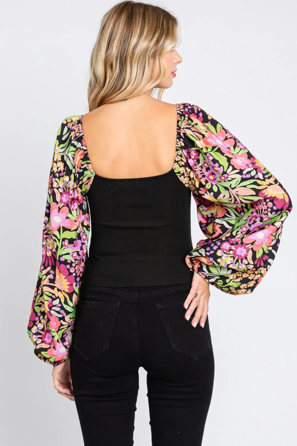 Full Size Floral Balloon Sleeve Resort Blouse