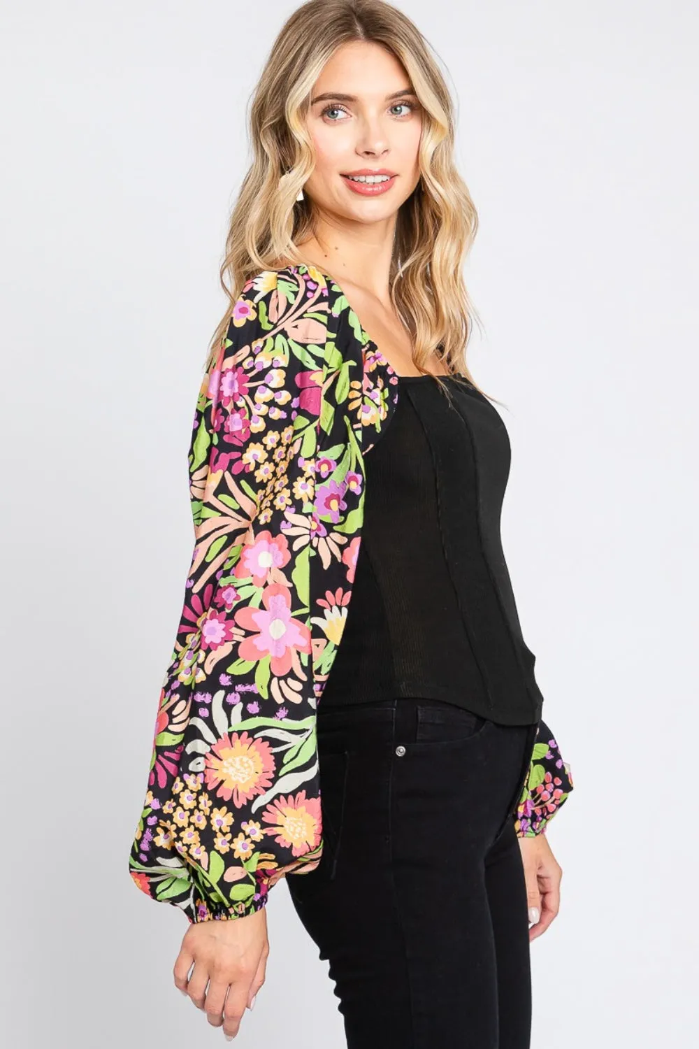 Full Size Floral Balloon Sleeve Resort Blouse