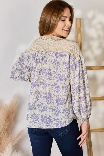 Full Size Lace Detail Printed Blouse