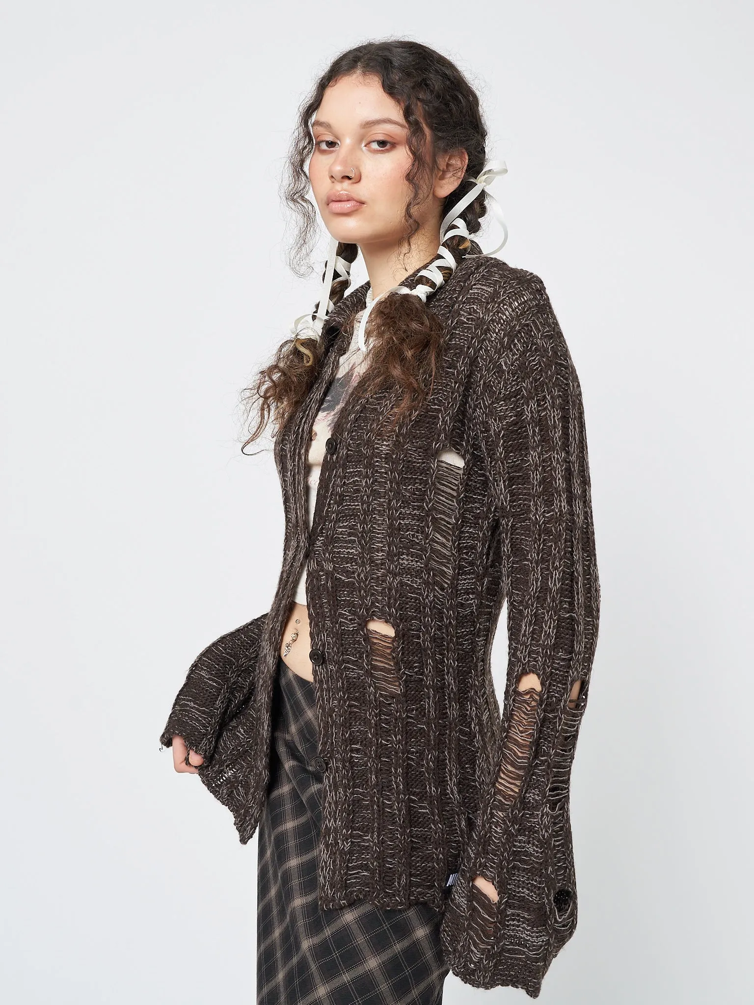 Gem Brown Distressed Knit Cardigan