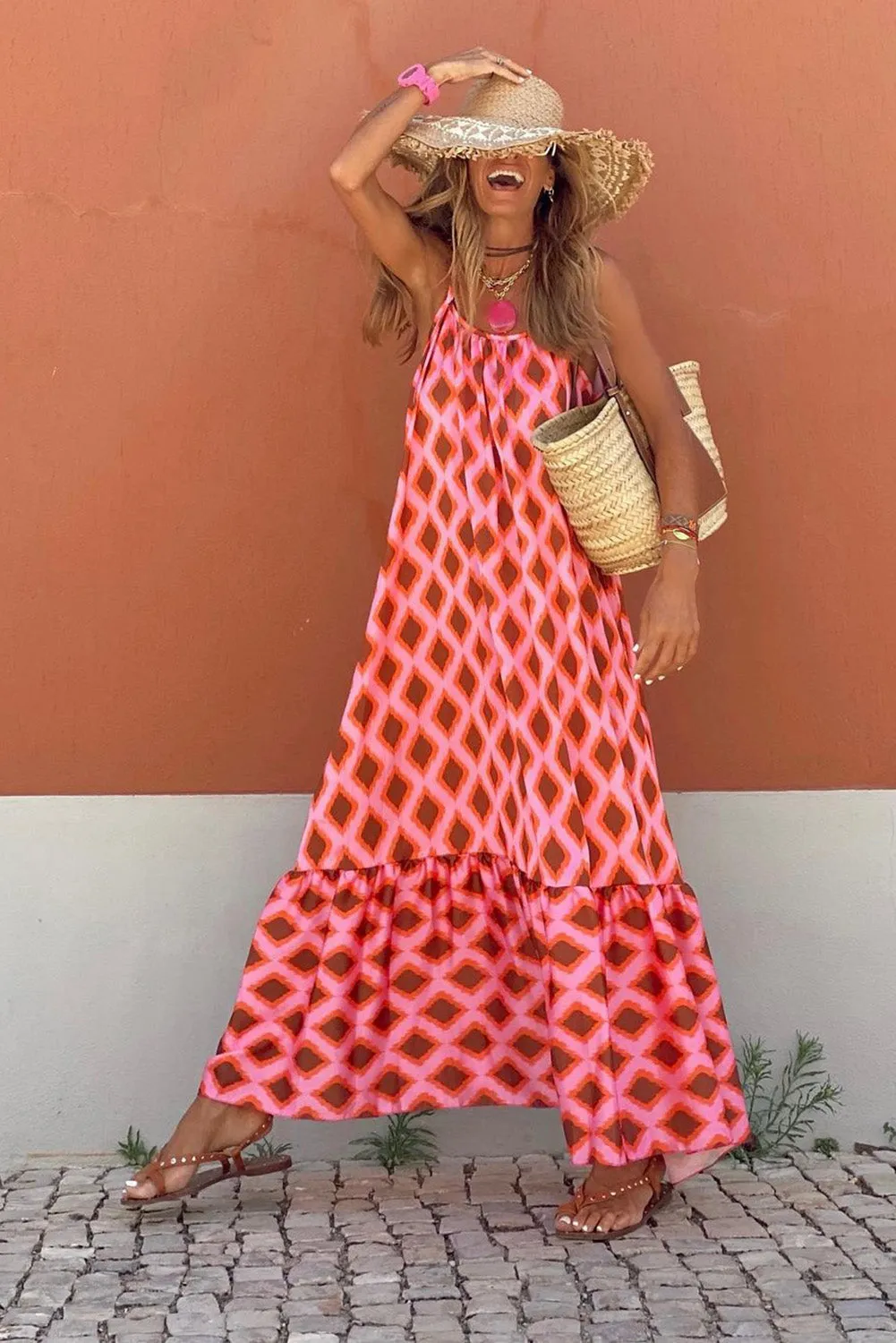 Geometric Flowy Maxi Dress - Pink