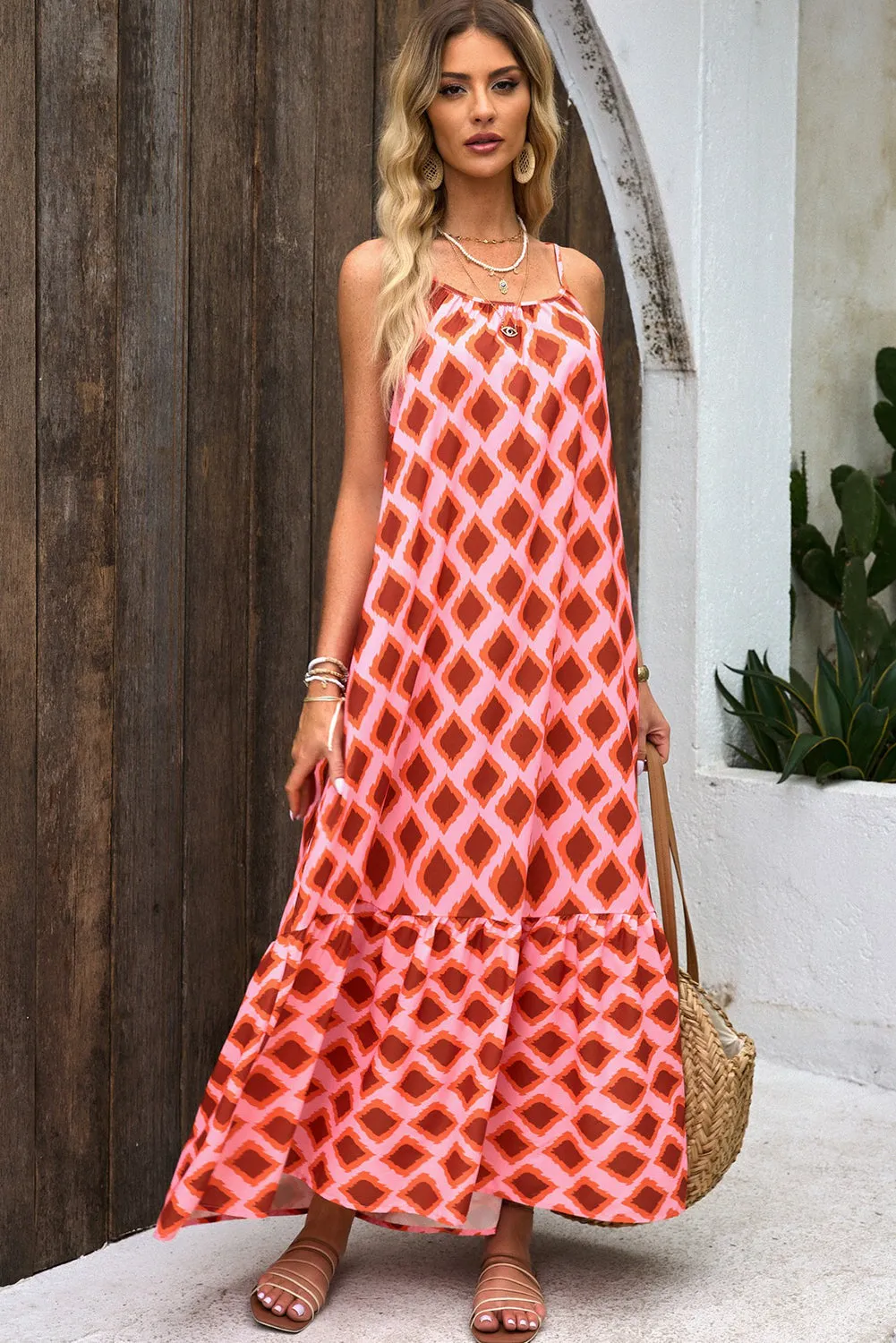 Geometric Flowy Maxi Dress - Pink