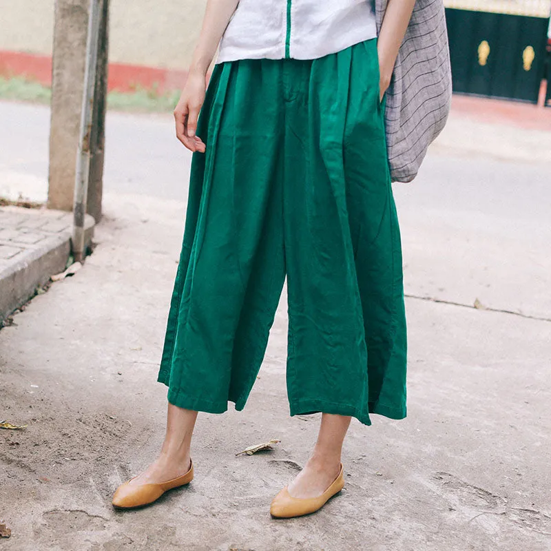 Green Linen Summer Women Casual Pants with Pockets SJ97138