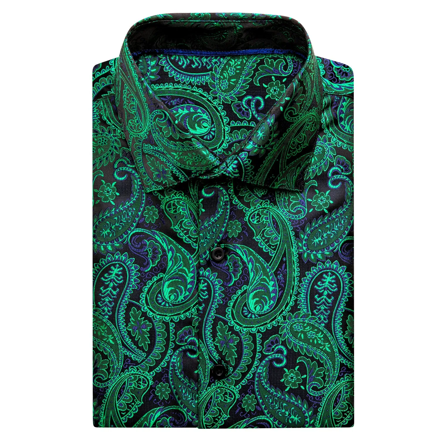 Hi-Tie Emerald Green Blue Paisley Silk Men's Short Sleeve Shirt