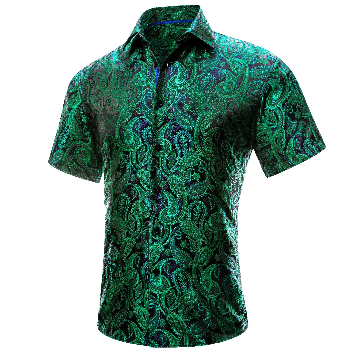 Hi-Tie Emerald Green Blue Paisley Silk Men's Short Sleeve Shirt