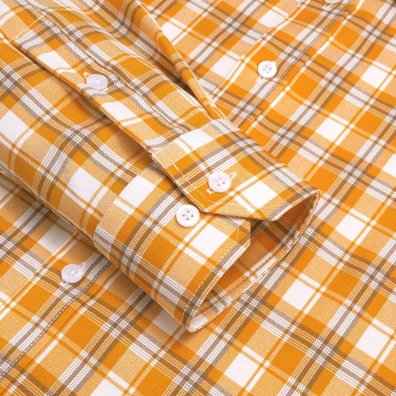 Hi-Tie Men's Shirt Orange White Brown Plaid Silk Long Sleeve Shirt Classic