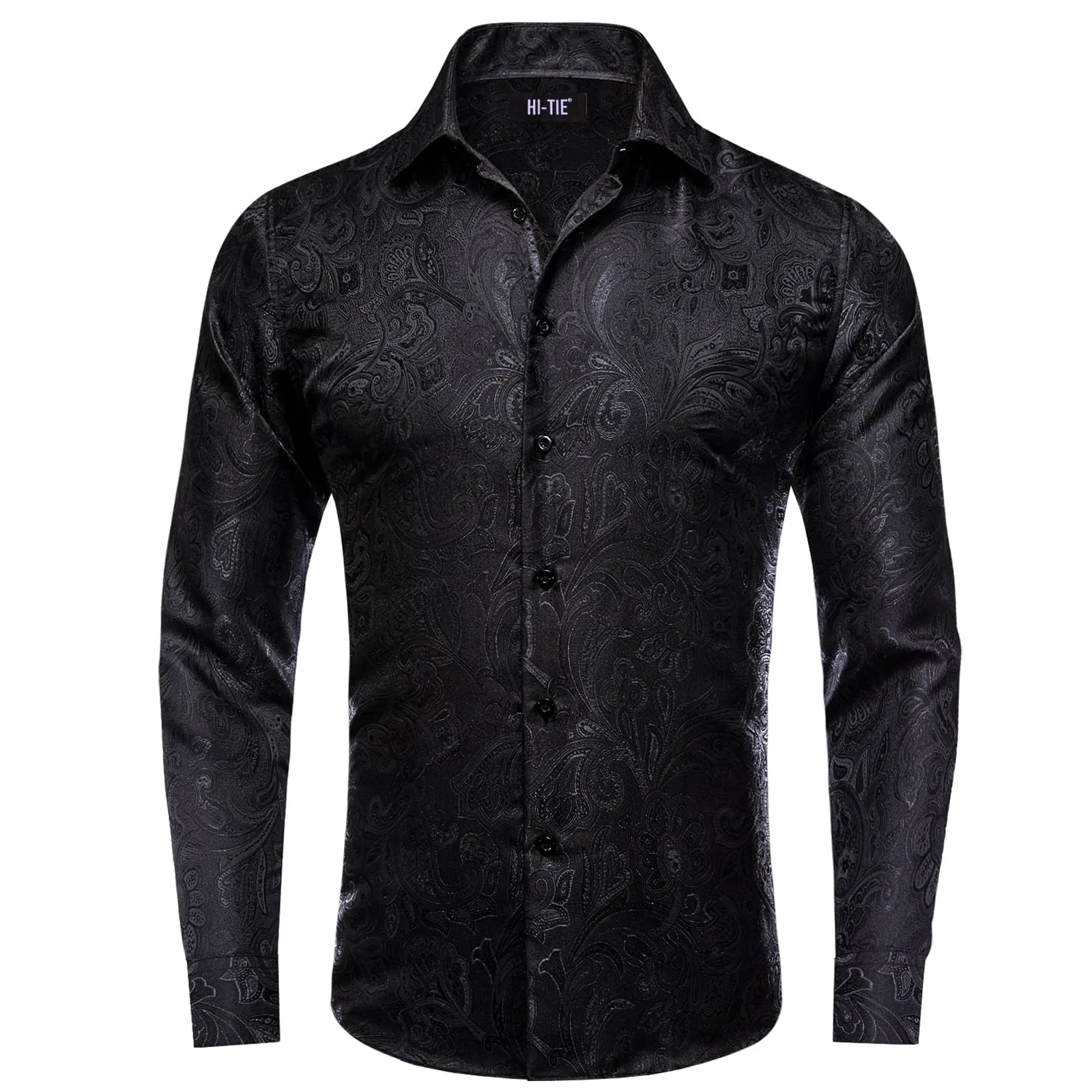 Hi-Tie Paisley Jacquard Men Shirt Long Sleeve Black Shirt for Business