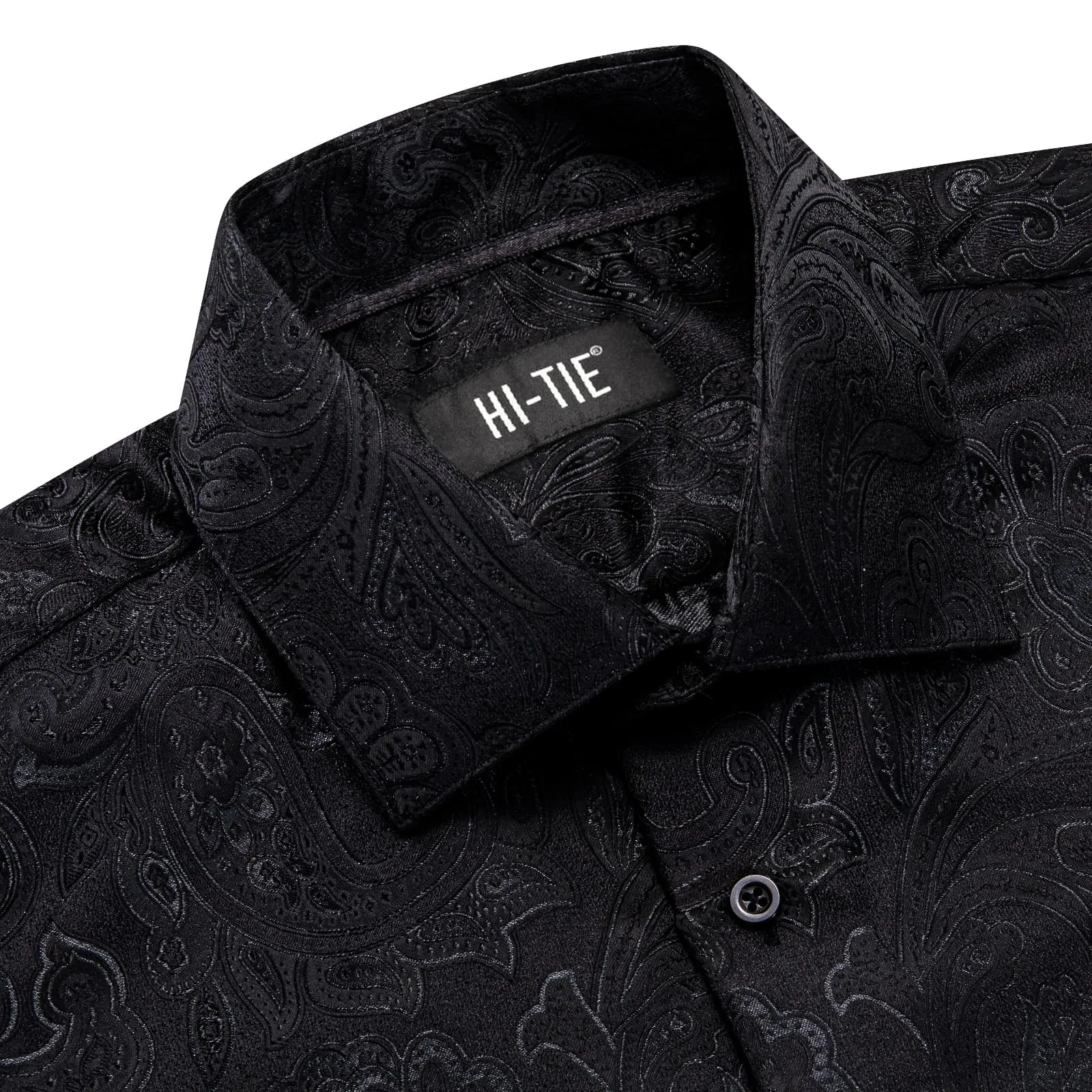 Hi-Tie Paisley Jacquard Men Shirt Long Sleeve Black Shirt for Business