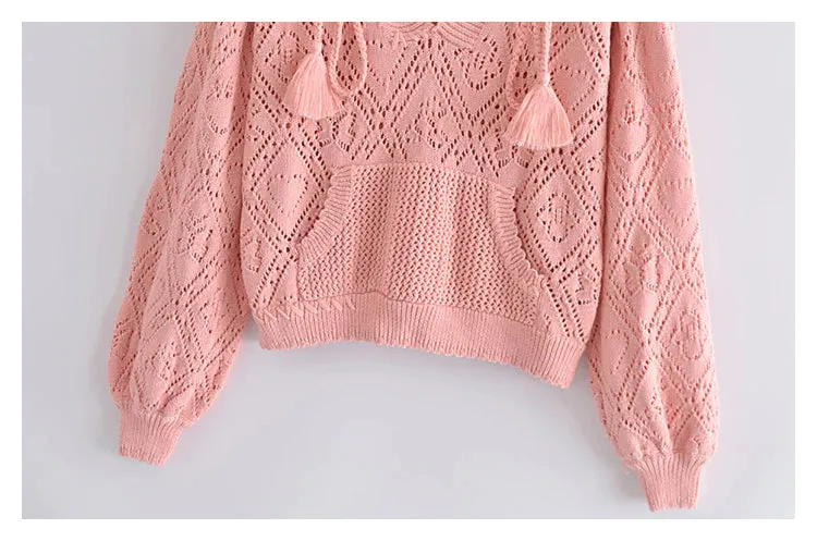 Hollow out design short Pink Knitted Hooded Sweater       S2519