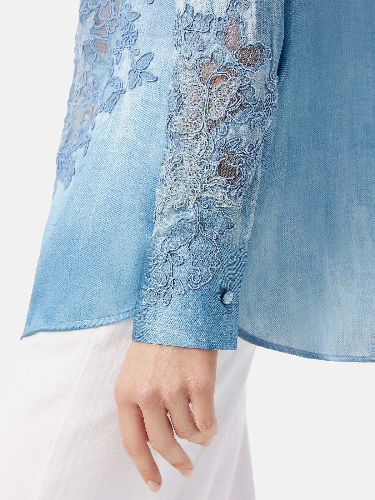 Lace Panel Washed Denim Shirt